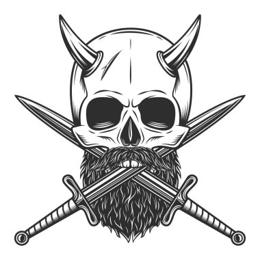Skull with mustache and beard and horn with crossed sword Isolated on white background monochrome illustration