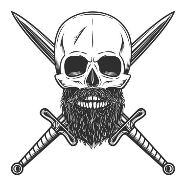 Hipster skull with mustache and beard and crossed sword Isolated on white background monochrome illustration