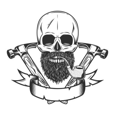 Skull smoking pipe with mustache and beard and builder crossed hammers from new construction and remodeling house business in monochrome vintage style illustration