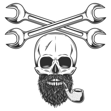 Skull witn mustache and beard with smoking pipe and construction plumbing wrench or repair car and truck mechanic service tool crossed spanner vintage illustration