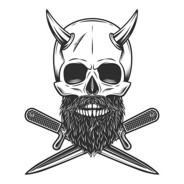 Skull witn horns and mustache with beard, crossed knife dagger isolated on white background monochrome vintage illustration