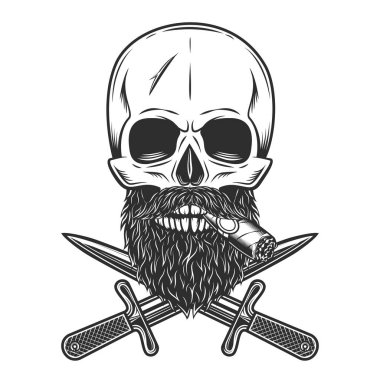 Skull smoking cigar or cigarette with mustache and beard and crossed knife dagger isolated on white background monochrome vintage illustration