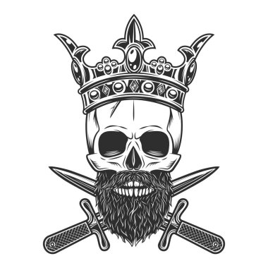Skull in crown royal king with hipster mustache and beard and crossed knife dagger isolated on white background monochrome illustration