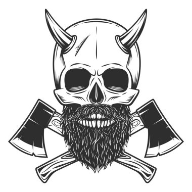 Skull with horn and mustache and beard and crossed wooden axe construction builder tool. Element for business woodworking or lumberjack emblem or icon monochrome illustration