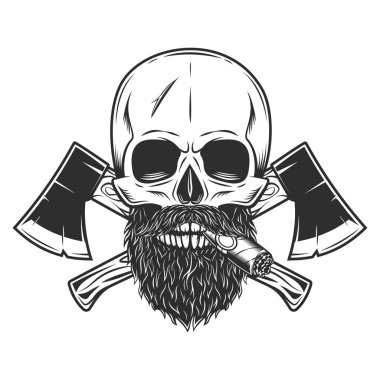 Skull smocking cigar or cigarette with mustache and beard and crossed wooden axe business woodworking or lumberjack emblem construction builder tool