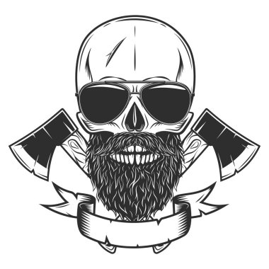 Skull and sunglasses with mustache and beard and crossed wooden axe construction builder tool. Business woodworking or lumberjack emblem with ribbon