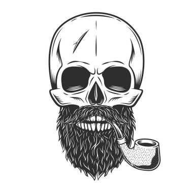 Hipster skull smoking pipe and cigarette with mustache and beard isolated on white background monochrome illustration