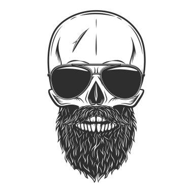 Hipster skull with beard and mustache in sunglasses with reflection. Isolated on white background monochrome illustration