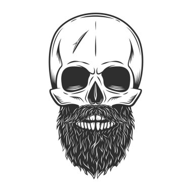 Hipster skull with mustache and beard. Isolated on white background monochrome illustration