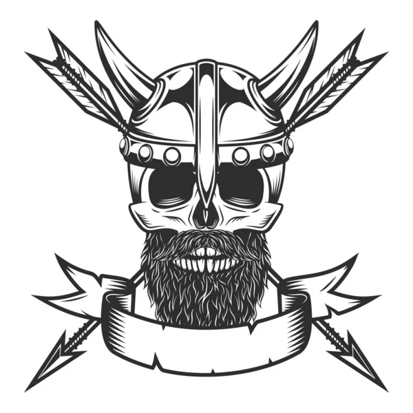 Viking Skull Mustache Beard Horned Helmet Hunting Arrow Monochrome Style — Stock Photo, Image