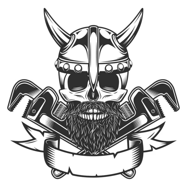 Boynuzlu miğferli kafatası bıyıklı ve sakallı. Gaz için ingiliz anahtarı ya da tamirci borusu ya da tek renkli klasik resimli tamirci anahtarı.