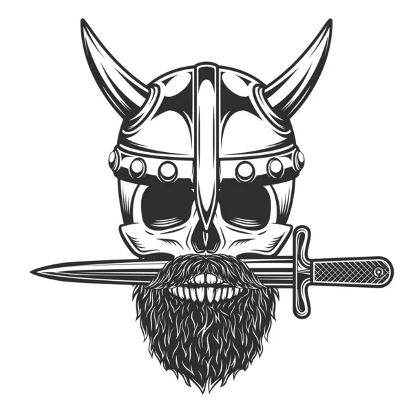 Viking skull in horned helmet with mustache and beard and crossed knife dagger isolated on white background monochrome illustration