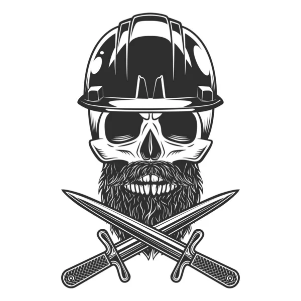 Skull in helmet construction hard hat with hipster mustache and beard and crossed knife dagger isolated on white background monochrome illustration