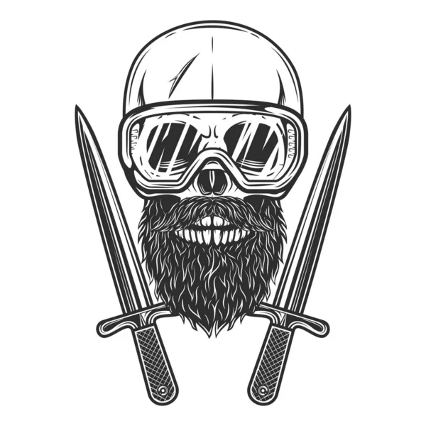 stock image Skull with hipster mustache and beard in safety glasses and crossed knife dagger isolated on white background monochrome illustration