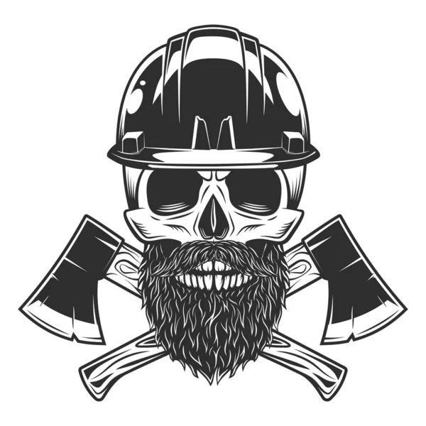 骷髅和硬帽盔 胡子和胡子 交叉木斧头施工工具 木工或木工徽章 — 图库照片