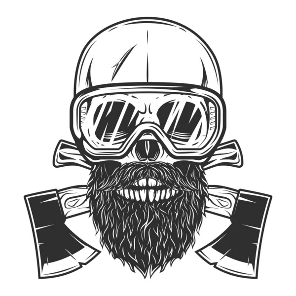 Skull and safety glasses with mustache and beard and crossed wooden axe business woodworking or lumberjack emblem construction builder tool