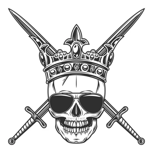 Skull in sunglasses royal imperial crown king with crossed swords vintage isolated illustration