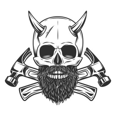Skull with horn with mustache and beard with builder crossed hammers from new construction and remodeling house business in monochrome vintage style illustration