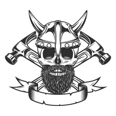 Viking skull with mustache and beard and horned helmet builder crossed hammers from new construction and remodeling house business in monochrome vintage style illustration