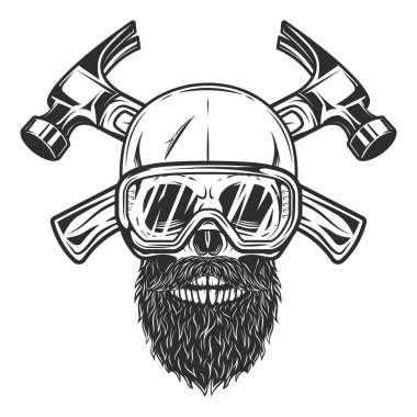 Skull with mustache and beard and safety glasses builder crossed hammers from new construction and remodeling house business in monochrome vintage style illustration