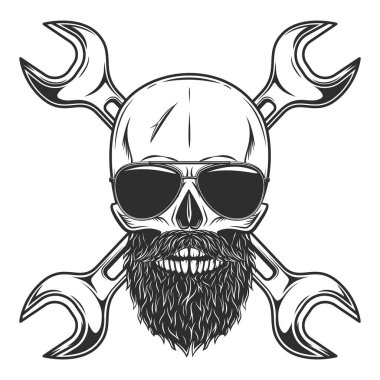 Skull with mustache and beard in sunglasses with construction builder plumbing wrench or body shop repair car and truck mechanic service tool crossed spanner vintage illustration