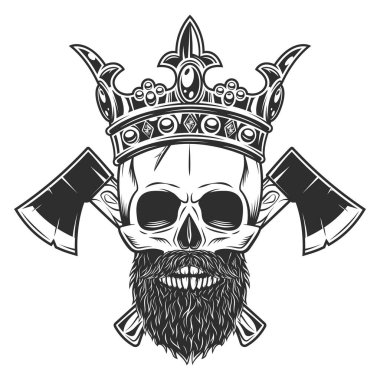 Skull in crown royal king with mustache and beard and crossed wooden axe business woodworking or lumberjack emblem construction builder tool