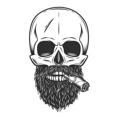 Hipster skull smoking cigar and cigarette with mustache and beard isolated on white background monochrome illustration