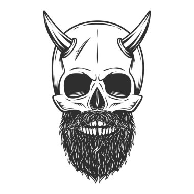 Skull and horn with hipster mustache and beard isolated on white background monochrome illustration