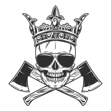 Skull with sunglasses in crown and crossed metal ax with handle made of wood. Element for business woodworking or lumberjack. Wooden axe construction builder tool.