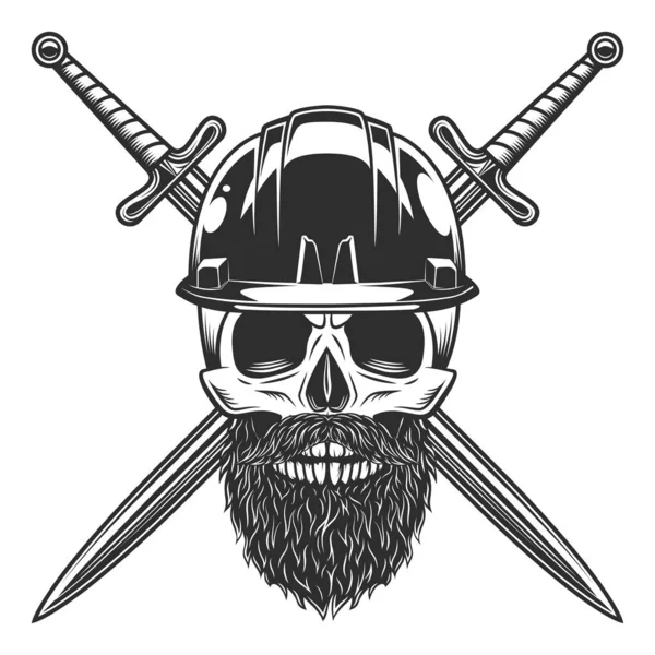 Skull Mustache Beard Construction Helmet Hard Hat Crossed Sword Isolated — Stockfoto