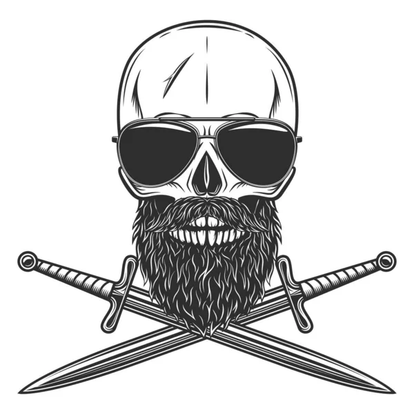 Skull Sunglasses Mustache Beard Crossed Sword Isolated White Background Monochrome — Stockfoto