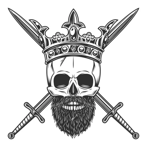 Skull King Royal Crown Mustache Beard Crossed Sword Isolated White — Stockfoto