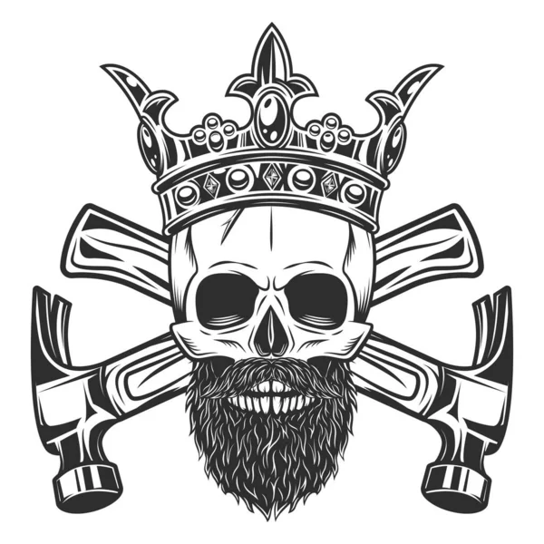 Skull with mustache and beard and royal crown builder crossed hammers from new construction and remodeling house business in monochrome vintage style illustration