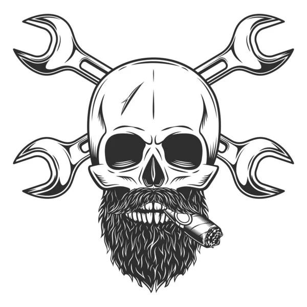 Skull Mustache Beard Smoking Cigar Cigarette Construction Plumbing Wrench Repair — Stockfoto