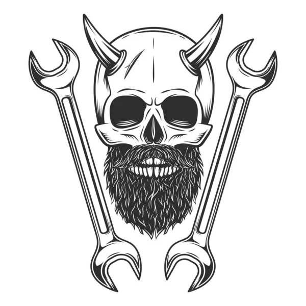 Skull witn mustache and beard with horn and construction plumbing wrench or repair car and truck mechanic service tool crossed spanner vintage illustration