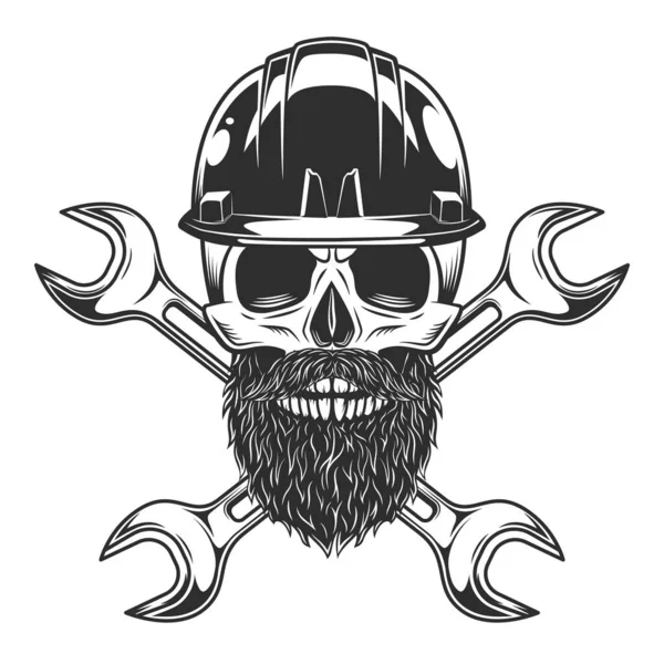 Skull Mustache Beard Hard Hat Helmet Construction Builder Plumbing Wrench — Stock Photo, Image
