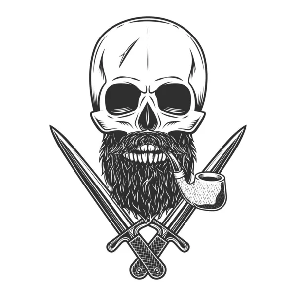 Skull Smoking Pipe Mustache Beard Crossed Knife Dagger Isolated White — Stockfoto