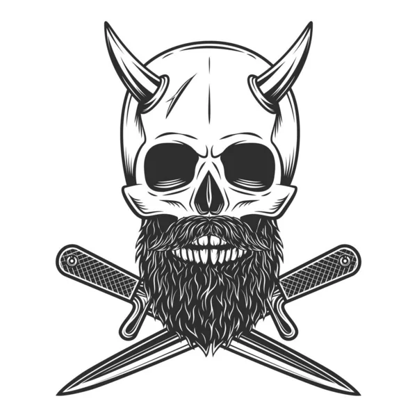 Skull Witn Horns Mustache Beard Crossed Knife Dagger Isolated White — Stockfoto