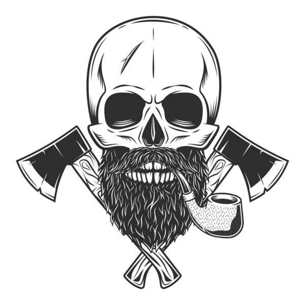Skull Smocking Pipe Cigarette Mustache Beard Crossed Wooden Axe Business — Fotografia de Stock