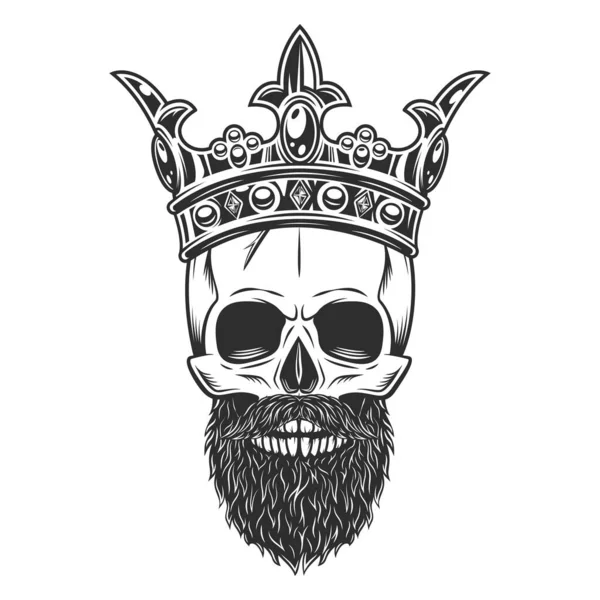 Black and white skull in crown with beard isolated on white background illustration