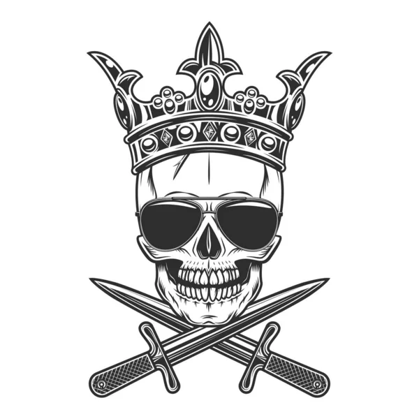 Skull in crown with crossed knife with sunglasses accessory to protect eyes from bright sun vintage isolated illustration