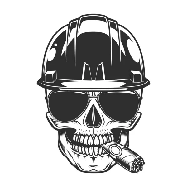 ヘルメットのハードハットビルダーの建設コンセプトで頭蓋骨サングラスアクセサリーヴィンテージ孤立イラストと葉巻やタバコの煙を喫煙 — ストック写真