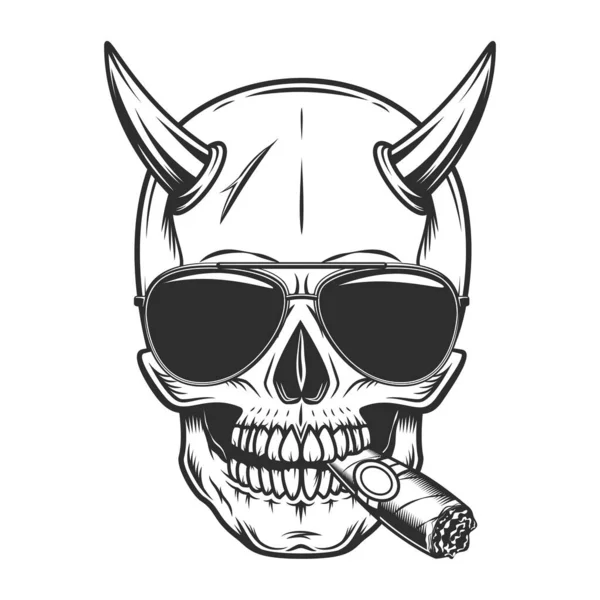 Totenkopf Mit Hornrauchender Zigarre Oder Zigarettenrauch Mit Sonnenbrille Als Zubehör — Stockfoto