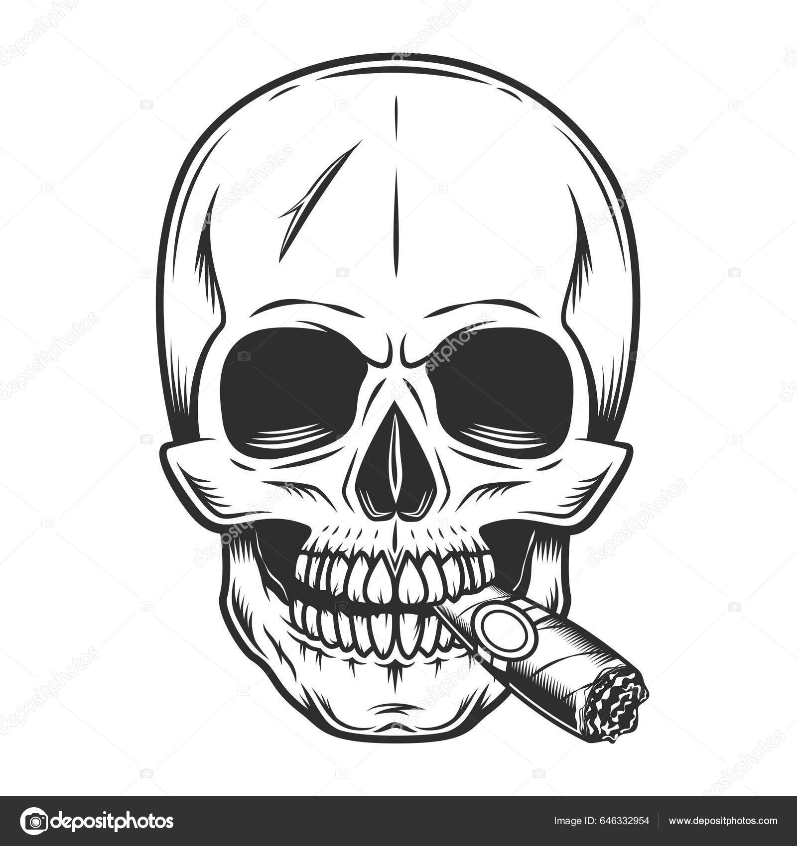 Vintage Scary Human Skull Smoking Cigar Cigarette Smoke Tattoo - Main Image