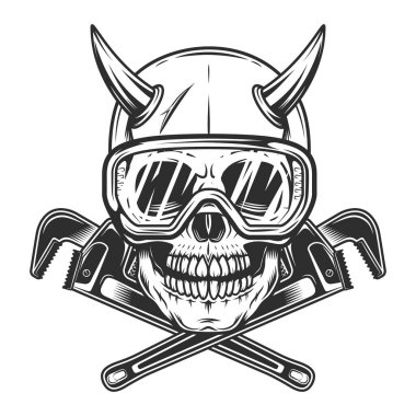 Güvenlik gözlüklü boynuzlu kafatası ve gaz ve inşaatçı boru anahtarı ya da klasik monokrom tarzı illüstrasyonda kaportacı mekanik anahtarı tamir aracı