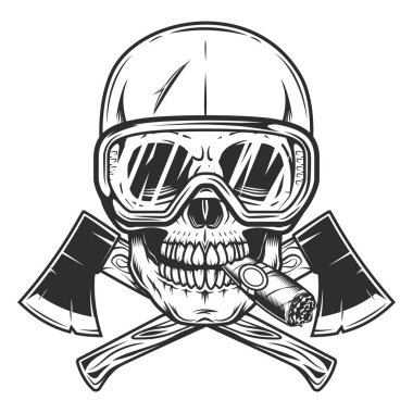 Kafatası puro ya da sigara dumanı içerken güvenlik gözlüğü ve ahşaptan yapılmış metal balta ile çaprazlanmış. İş ahşap işçiliği ya da oduncu amblemi ya da simgesi. Tahta baltayla inşa etme aracı.