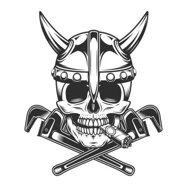 Kafatası sigara ya da sigara dumanı, Viking miğferi ve yeni inşaat ve yeniden dekore evi illüstrasyonundan ayarlanabilir İngiliz anahtarı üreticisi.