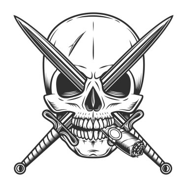 Çapraz kılıçlarla izole edilmiş puro ya da sigara dumanı içen klasik kafatası.