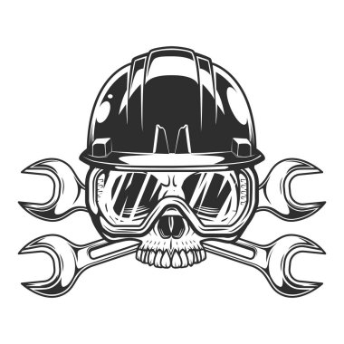 Vintage half skull in helmet and glasses with body shop service car and truck mechanic repair tool crossed wrench or construction for gas and builder plumbing pipe spanner illustration
