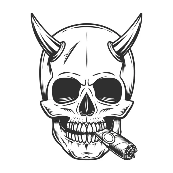 Череп Рогами Курение Сигары Сигаретного Дыма Винтажном Монохромном Стиле Иллюстрации — стоковое фото